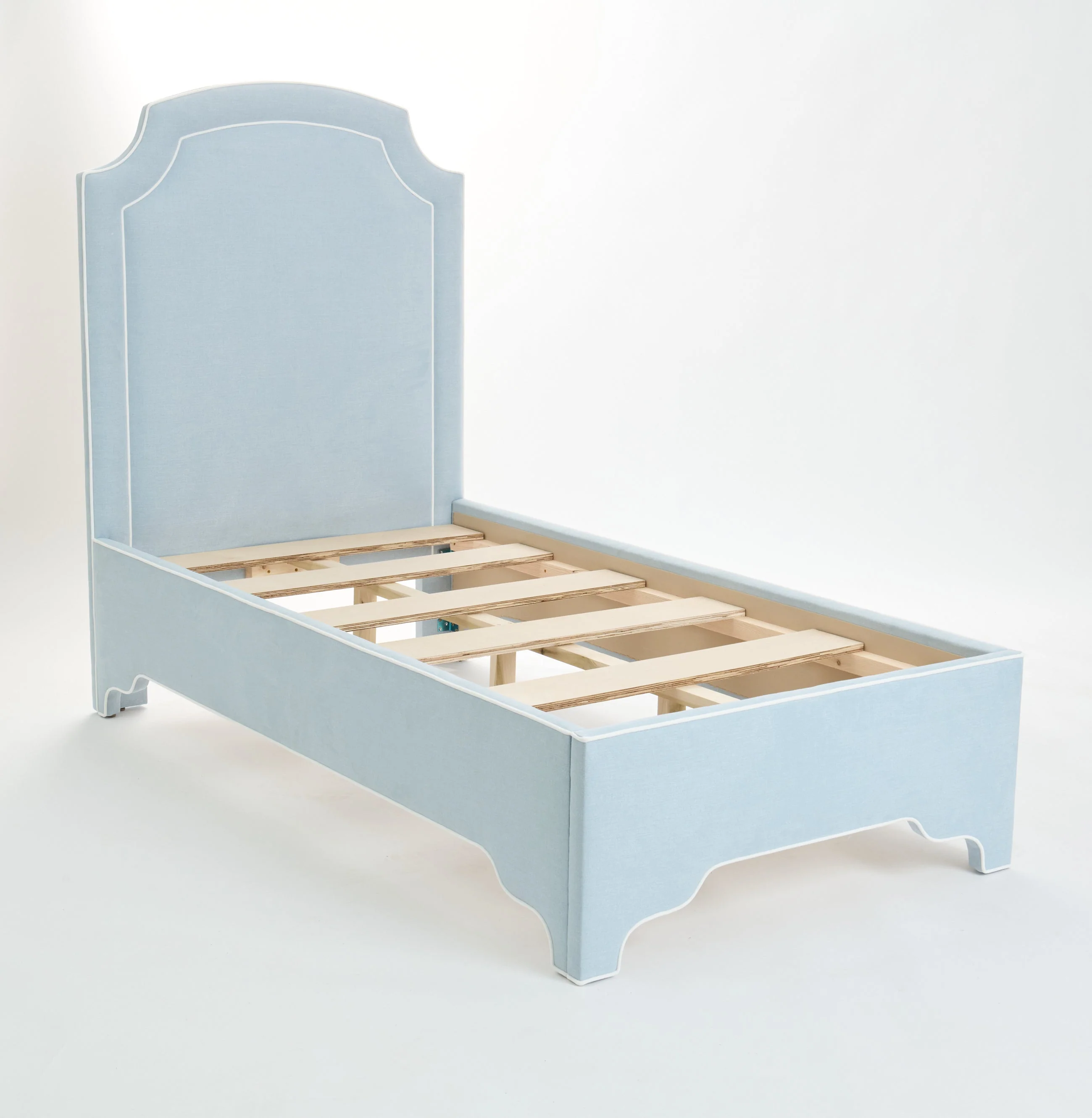 The Aliana Twin Platform Bed in Sky Blue Woven Fabric - White Trim - Image 7