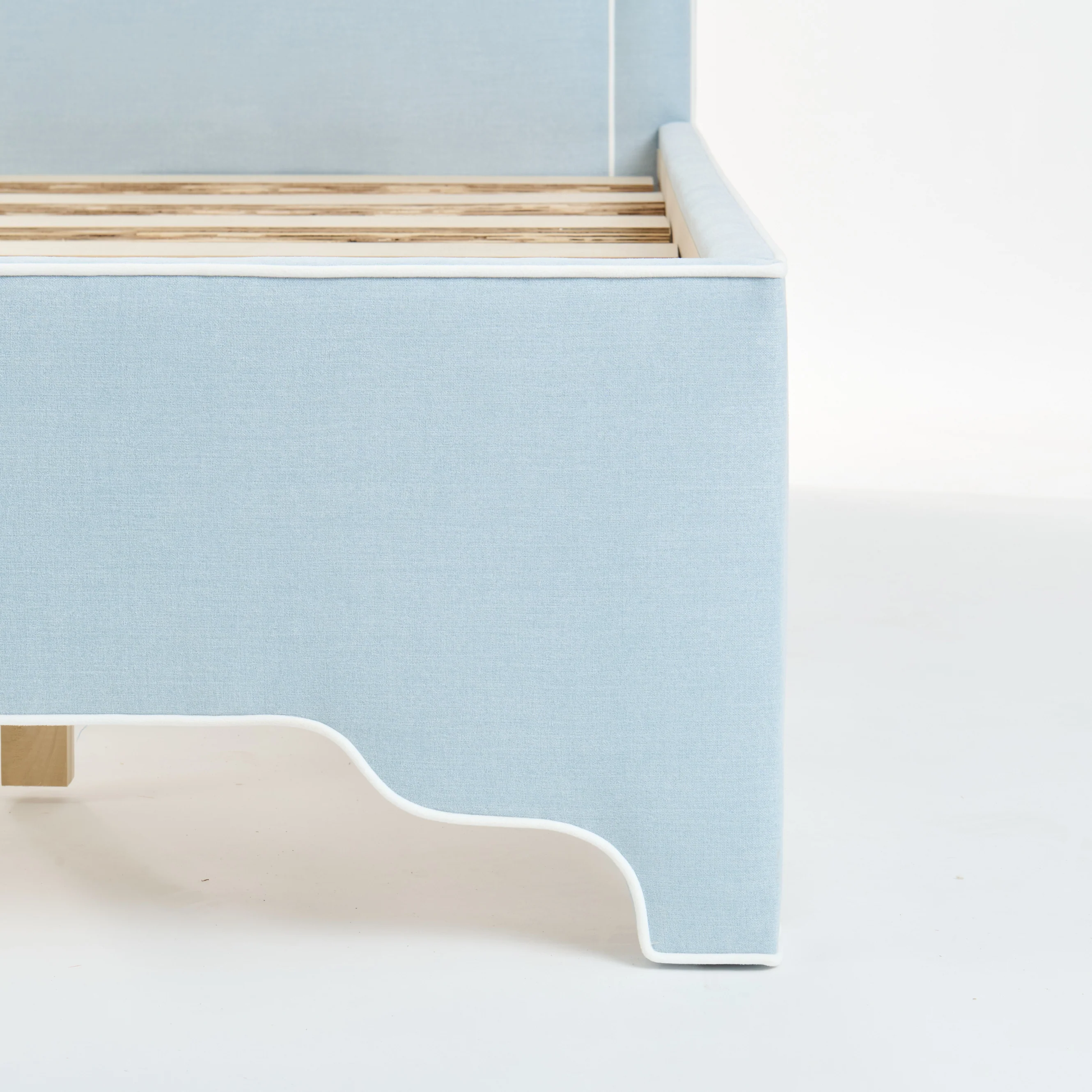The Aliana Twin Platform Bed in Sky Blue Woven Fabric - White Trim - Image 8