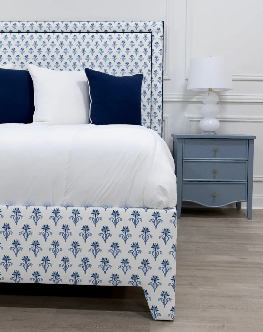 65”H King Upholstered Platform Bed - Blue Floral Linen Fabric - Navy Trim - Image 2