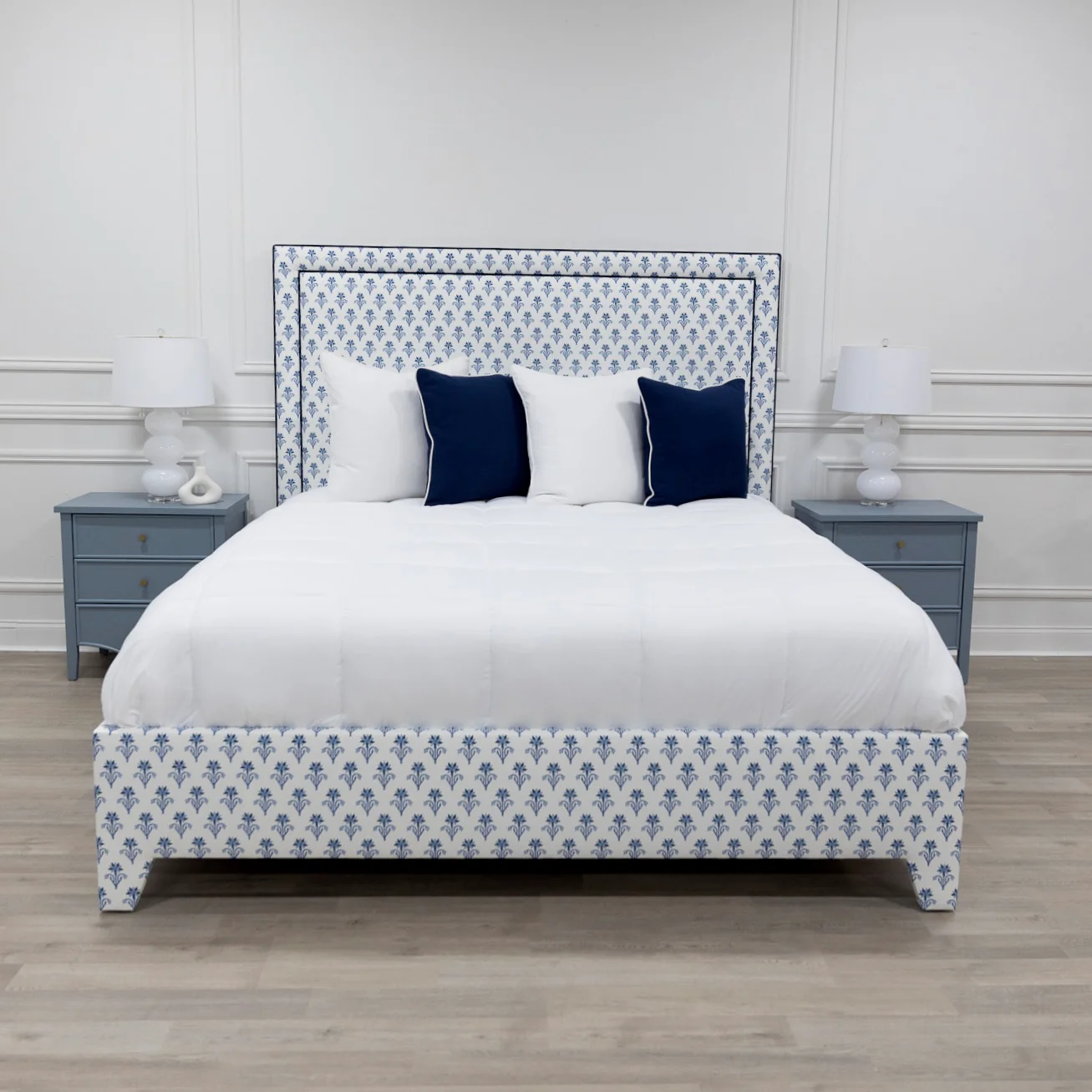 65”H King Upholstered Platform Bed - Blue Floral Linen Fabric - Navy Trim - Image 5