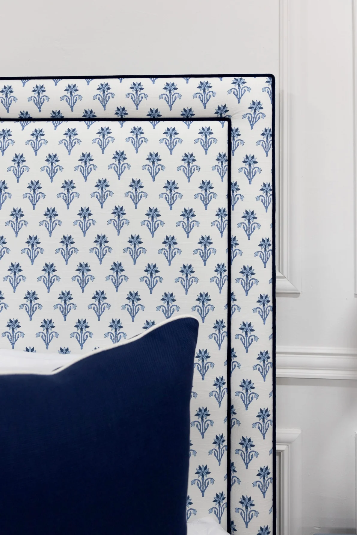 65”H King Upholstered Platform Bed - Blue Floral Linen Fabric - Navy Trim - Image 6