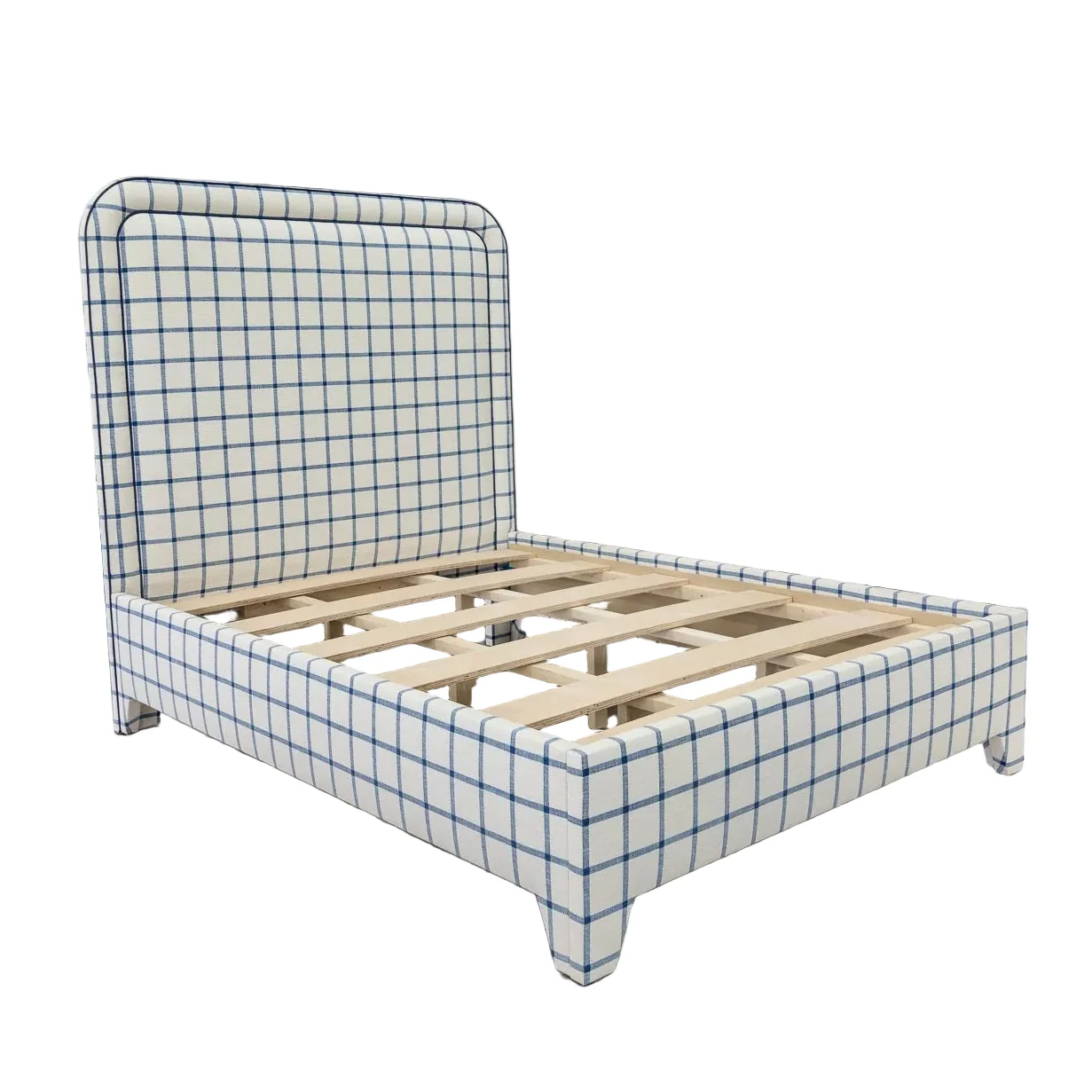 The Lorraine Queen Platform Bed in Navy Plaid Fabric - Navy Trim