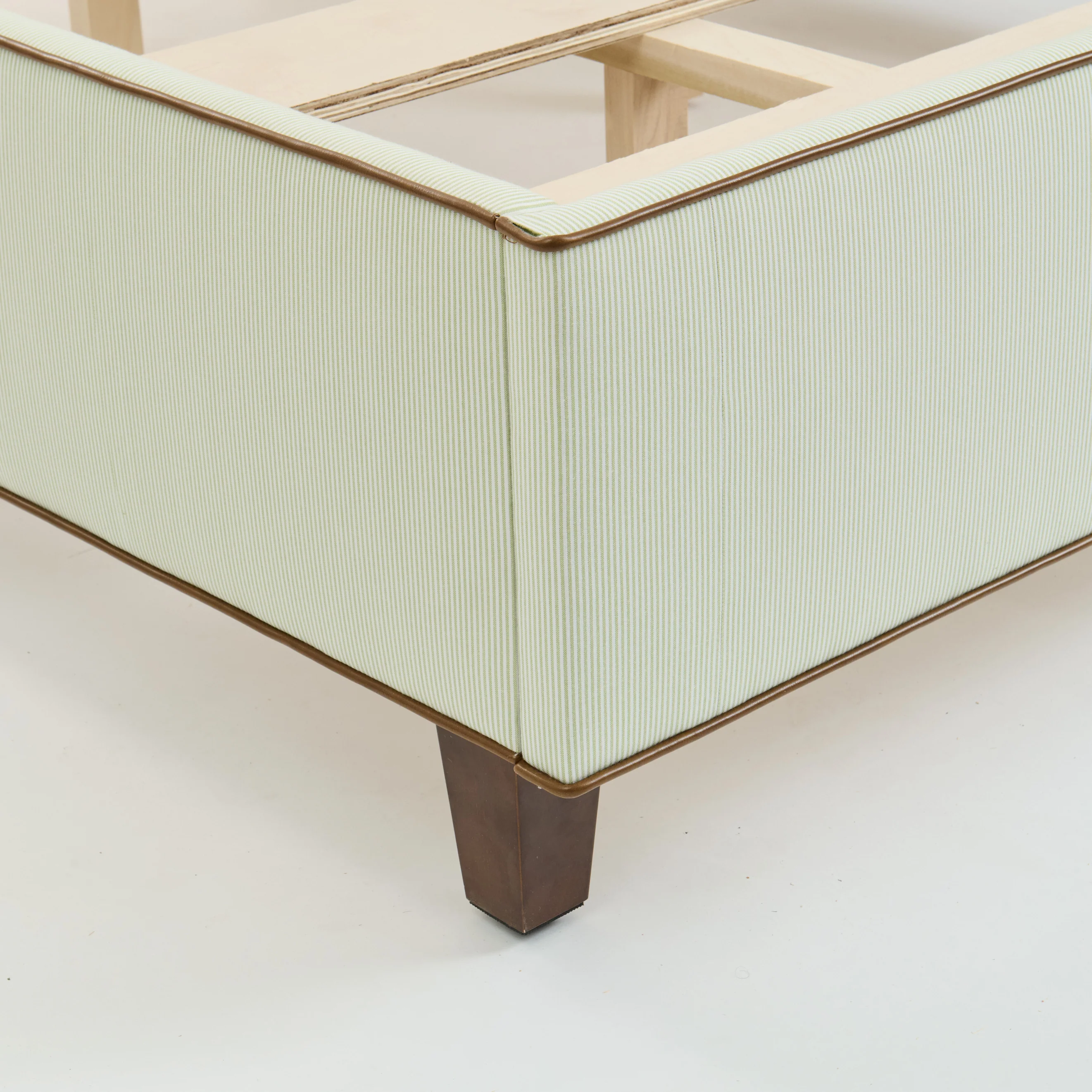 The Lorraine Queen Platform Bed - Striped Green & White Fabric - Leather Trim - Image 4