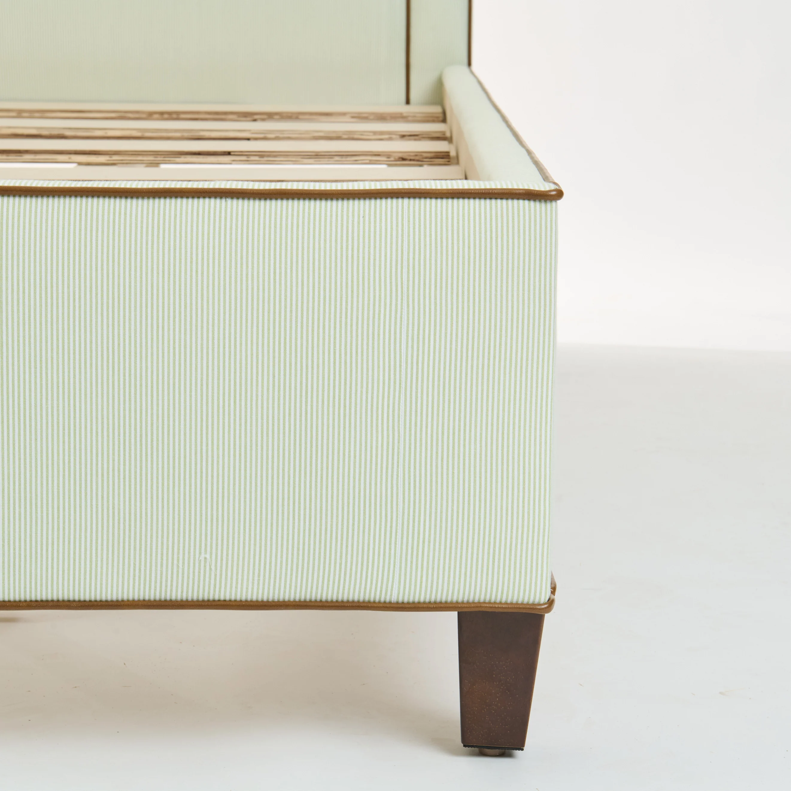 The Lorraine Queen Platform Bed - Striped Green & White Fabric - Leather Trim - Image 5