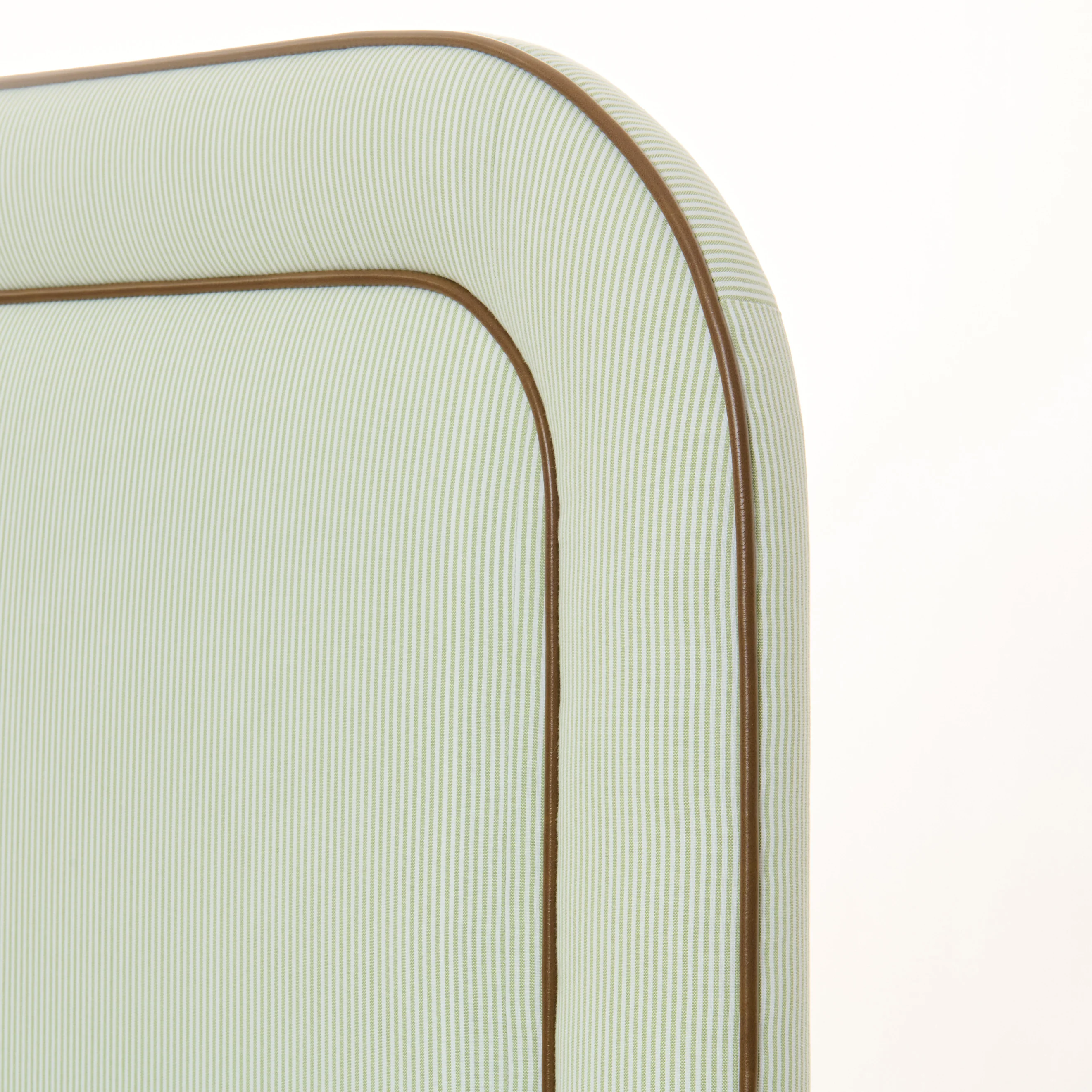 The Lorraine Queen Platform Bed - Striped Green & White Fabric - Leather Trim - Image 7