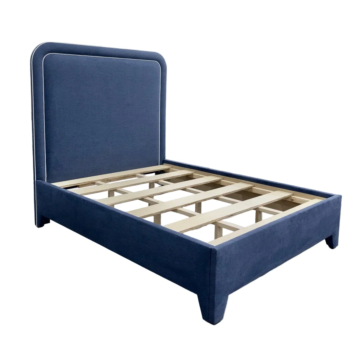 The Lorraine Queen Platform Bed in Navy Woven Fabric - White Trim