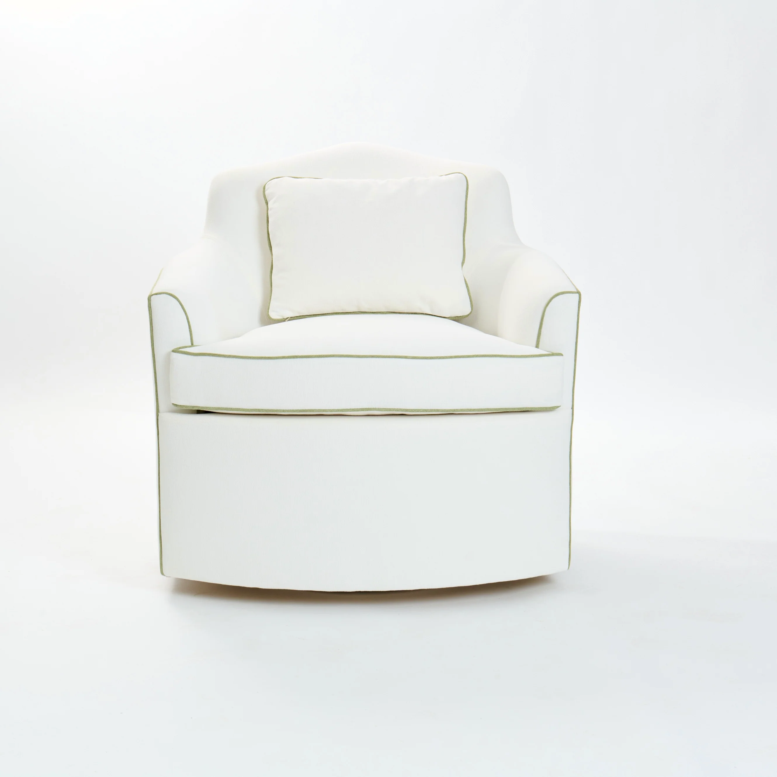The Scarlett Swivel Chair: Crypton Off-White Fabric - Green Trim - Image 8