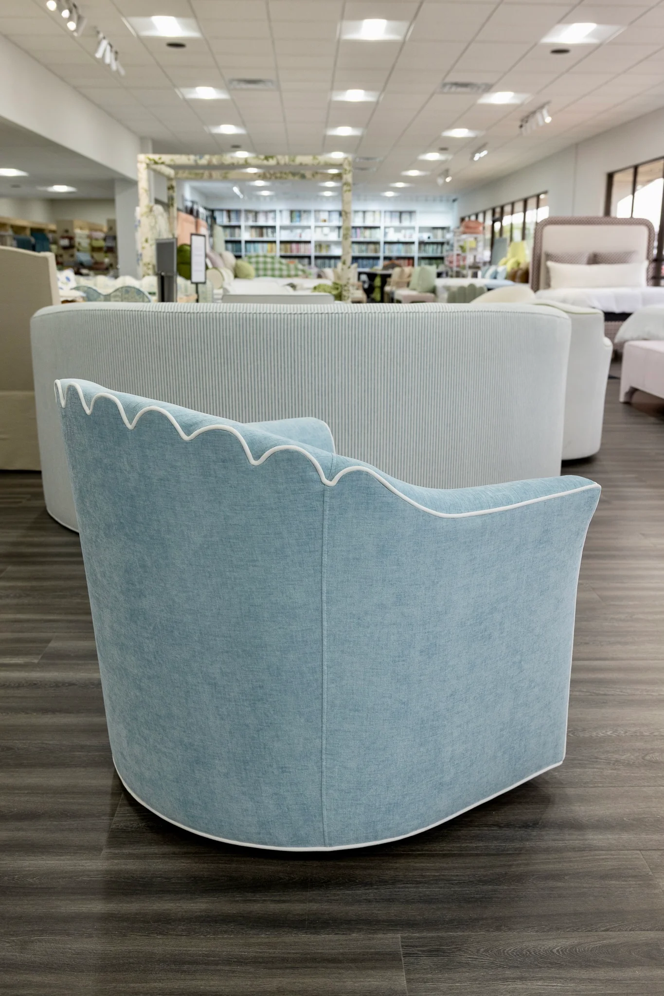 The Teresa Swivel Chair: Seafoam Blue Performance Fabric - White Trim - Image 4