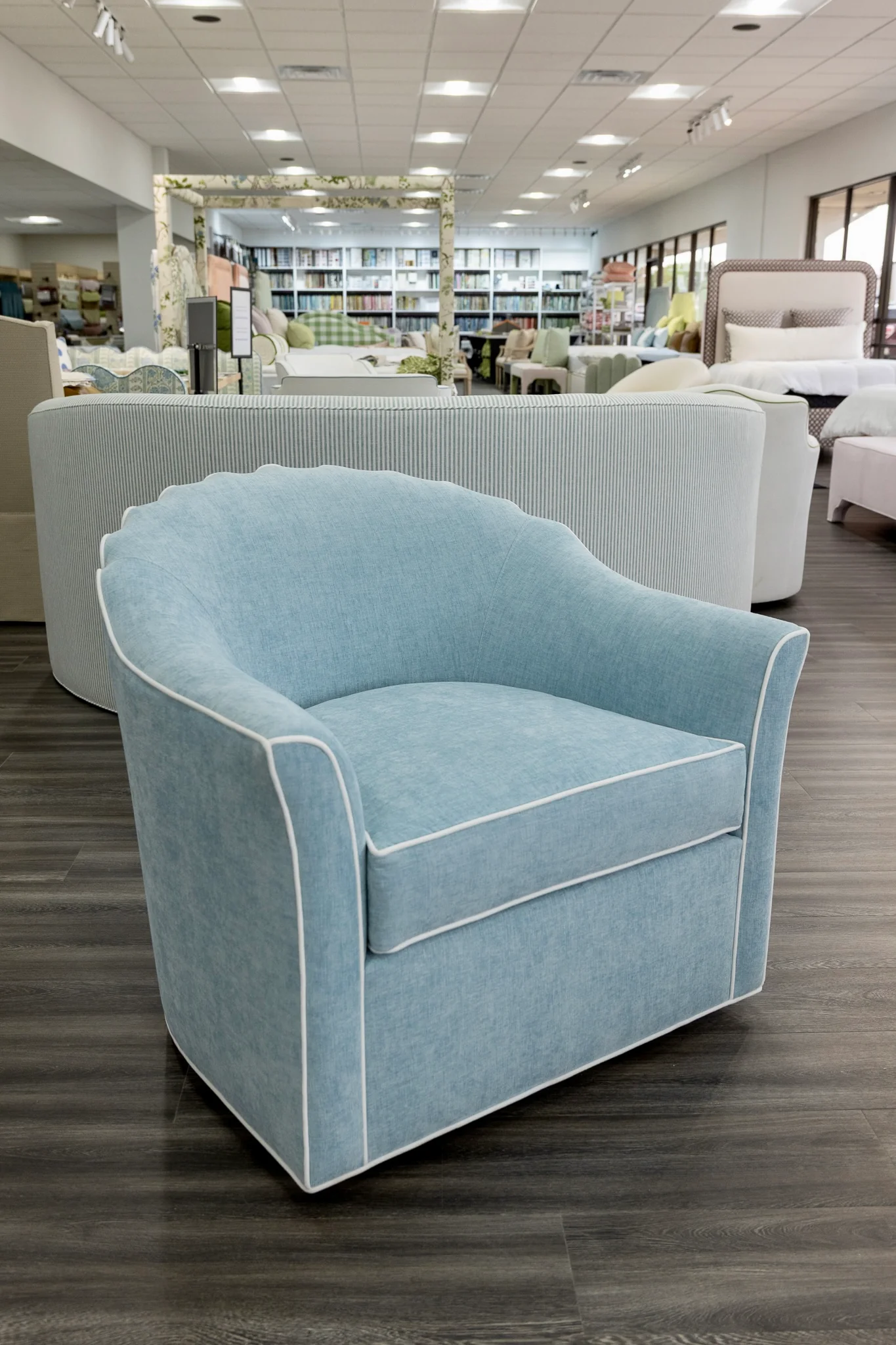 The Teresa Swivel Chair: Seafoam Blue Performance Fabric - White Trim - Image 5