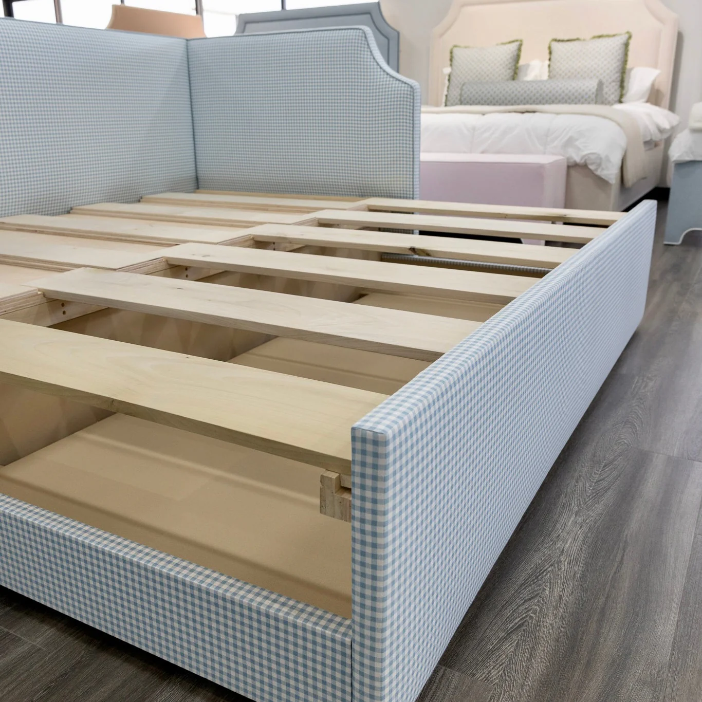 Twin to king Upholstered Trundle Daybed in Blue Gingham fabric - Sky Blue Trim - Image 3