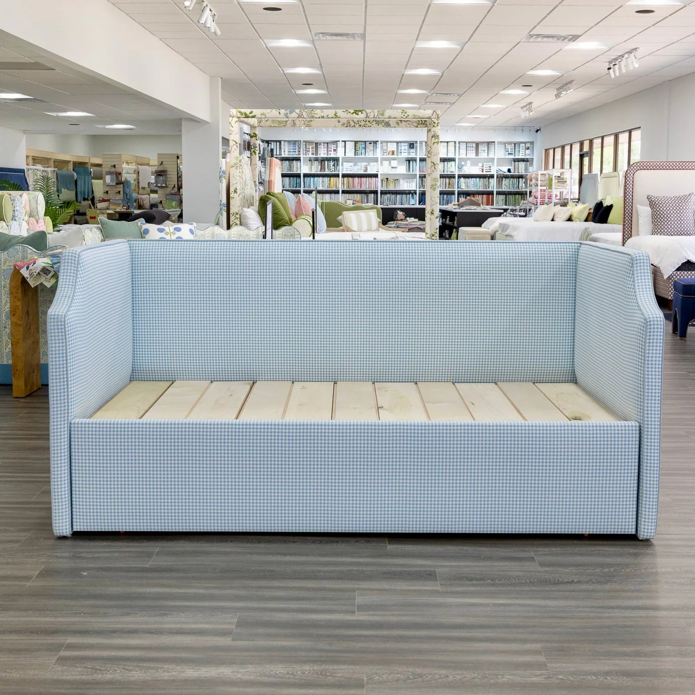 Twin to king Upholstered Trundle Daybed in Blue Gingham fabric - Sky Blue Trim - Image 4
