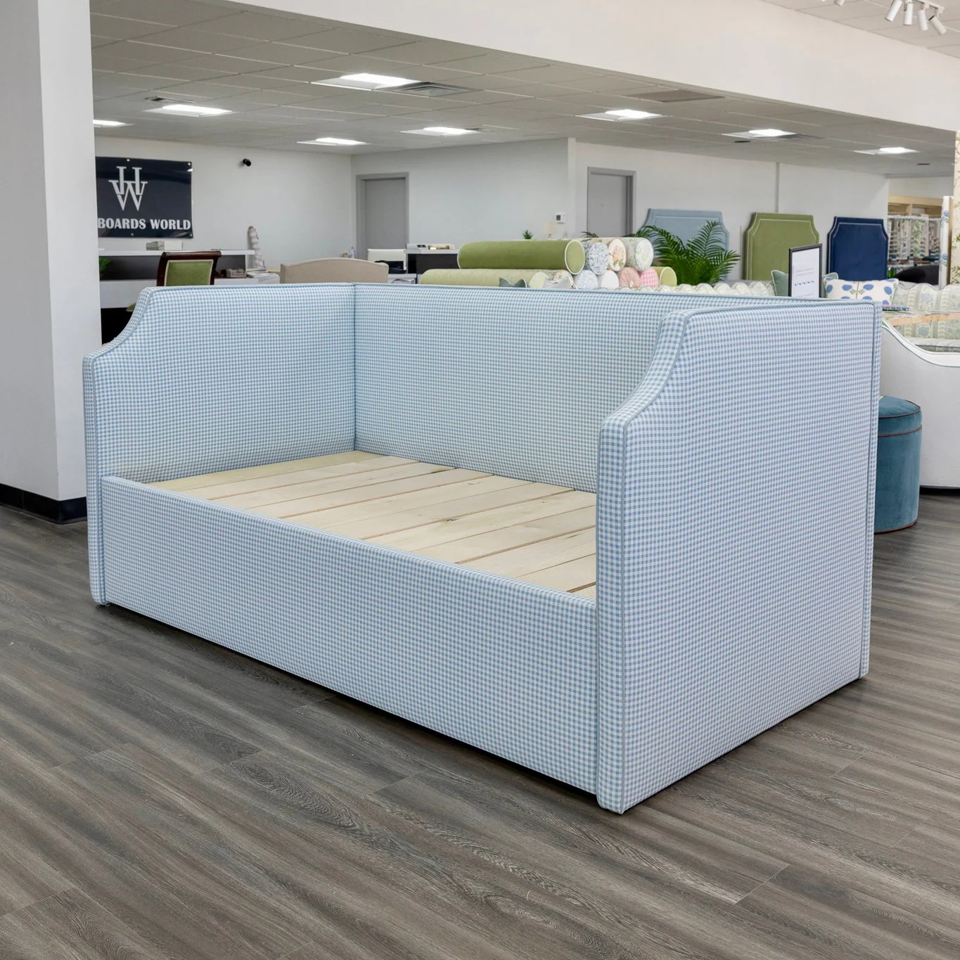 Twin to king Upholstered Trundle Daybed in Blue Gingham fabric - Sky Blue Trim - Image 6