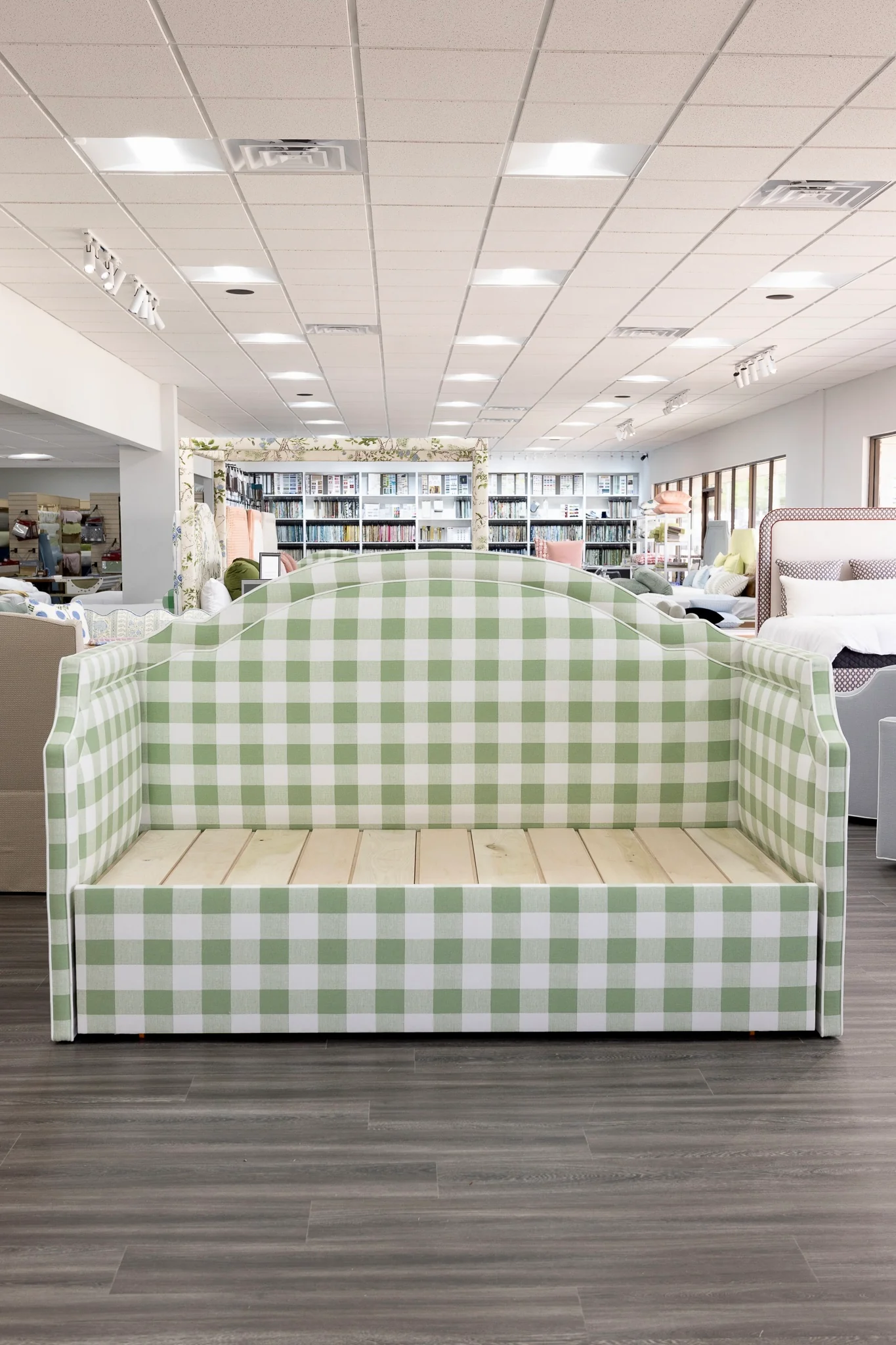 Twin to king Upholstered Trundle Daybed in Sage Green Checkered Fabric - White Trim - Image 2