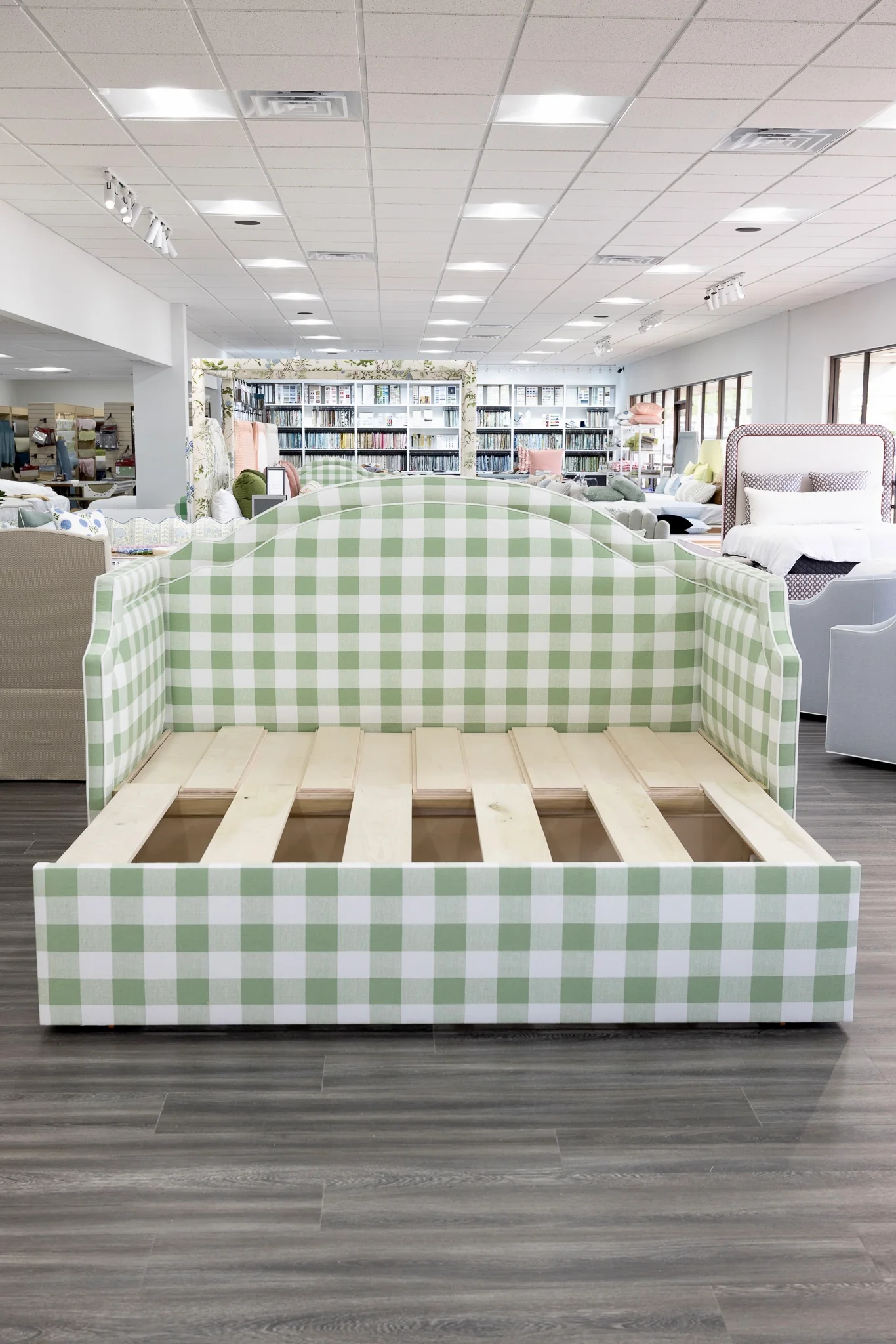 Twin to king Upholstered Trundle Daybed in Sage Green Checkered Fabric - White Trim - Image 4