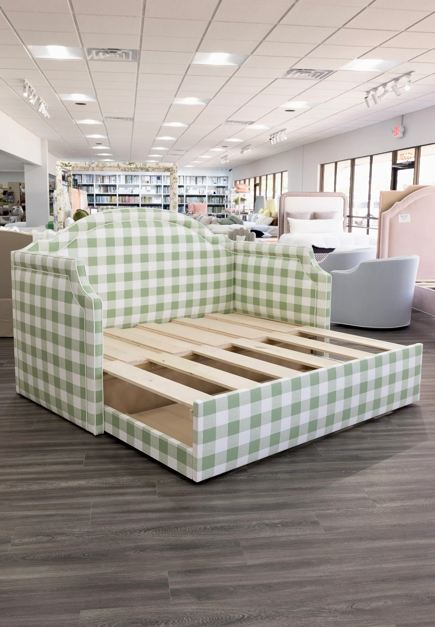 Twin to king Upholstered Trundle Daybed in Sage Green Checkered Fabric - White Trim - Image 9