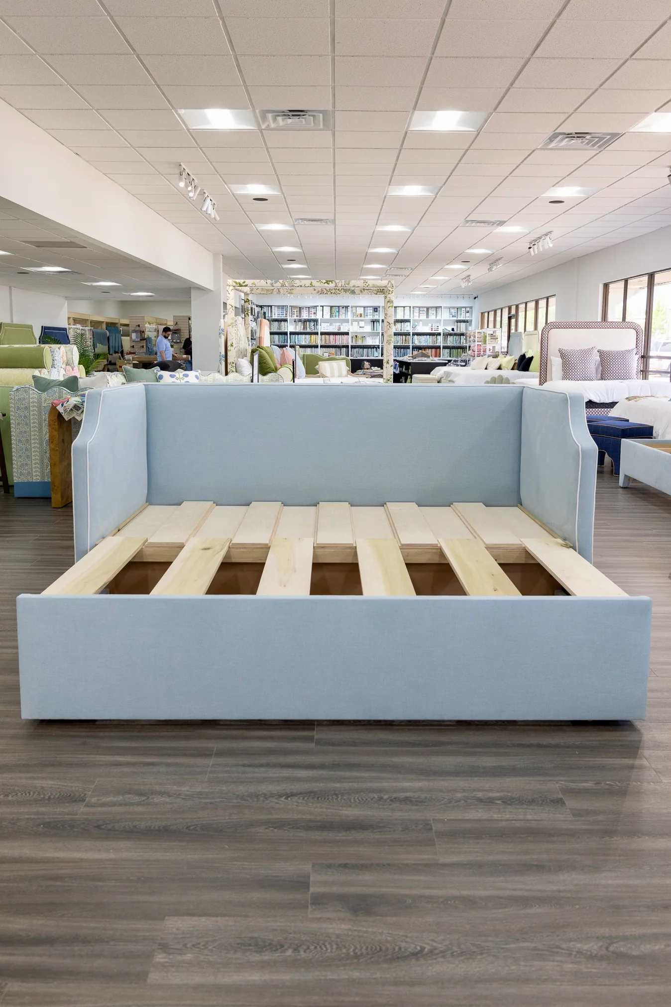 Twin to king Upholstered Trundle Daybed in Sky Blue Woven fabric - White Trim - Image 7