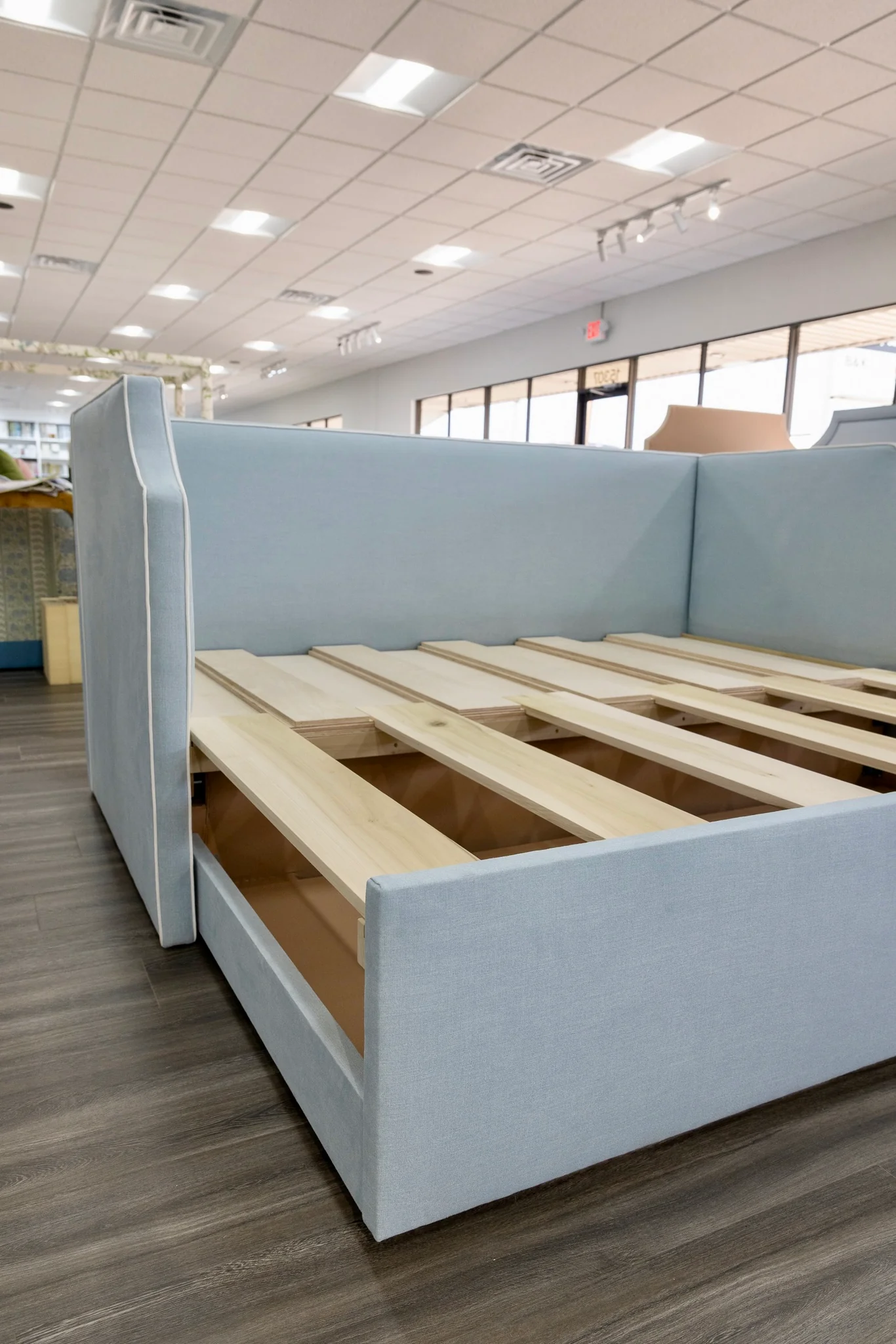 Twin to king Upholstered Trundle Daybed in Sky Blue Woven fabric - White Trim - Image 8