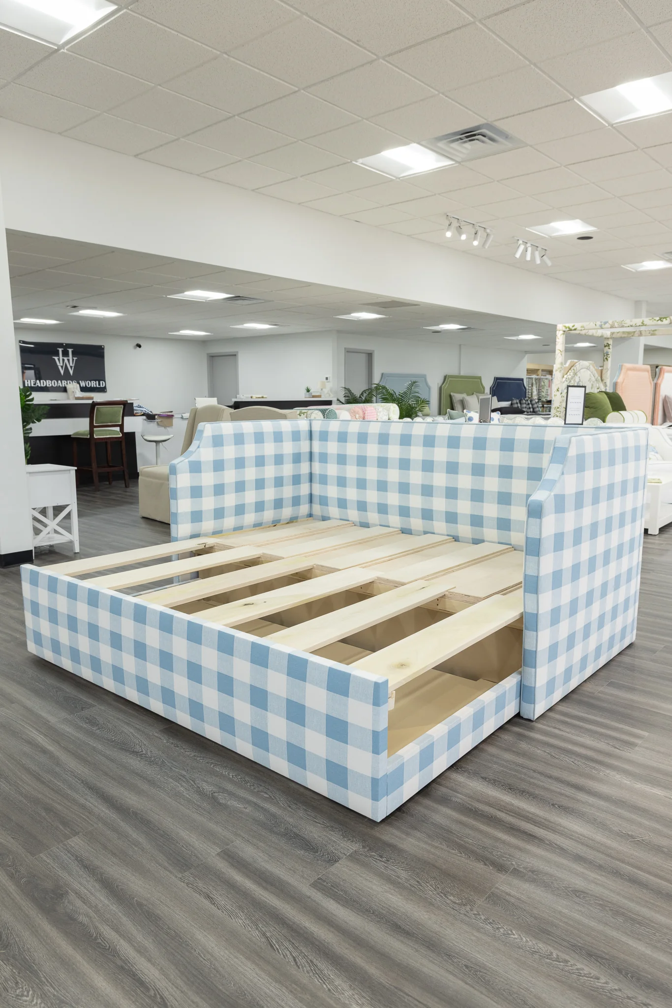 Twin to king Upholstered Trundle Daybed in Buffalo Blue Fabric - Sky Blue Trim - Image 7