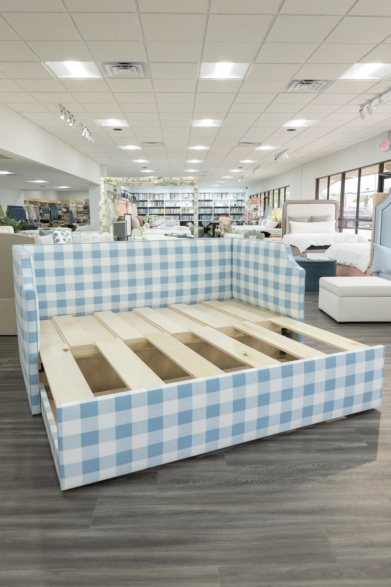 Twin to king Upholstered Trundle Daybed in Buffalo Blue Fabric - Sky Blue Trim - Image 9