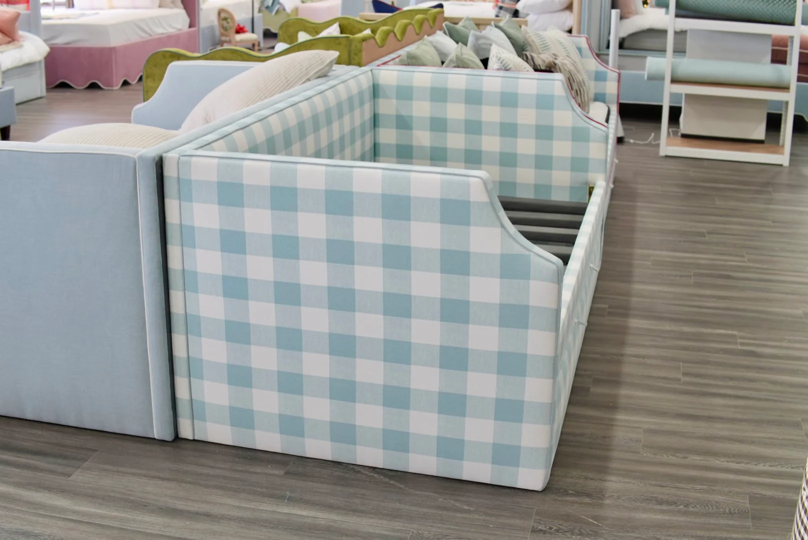 Twin Trundle Daybed - Buffalo Blue Checkered Fabric with Sky Blue Trim - Image 4