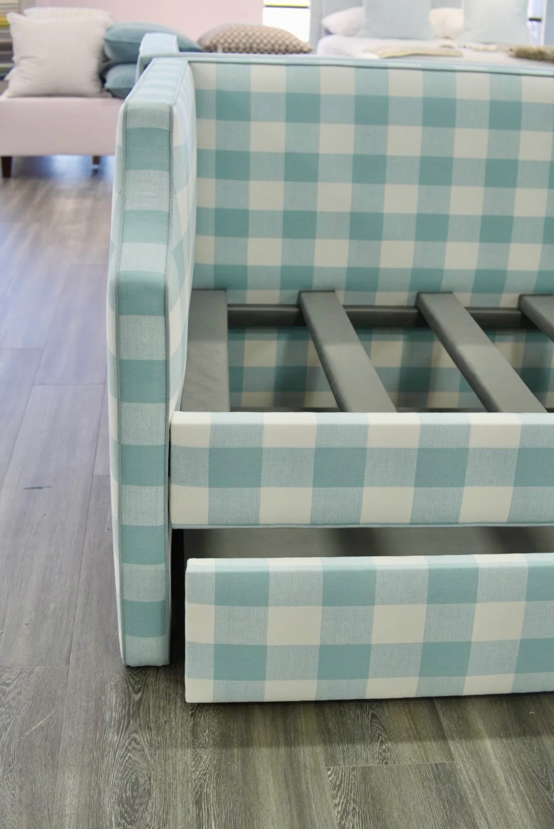Twin Trundle Daybed - Buffalo Blue Checkered Fabric with Sky Blue Trim - Image 7