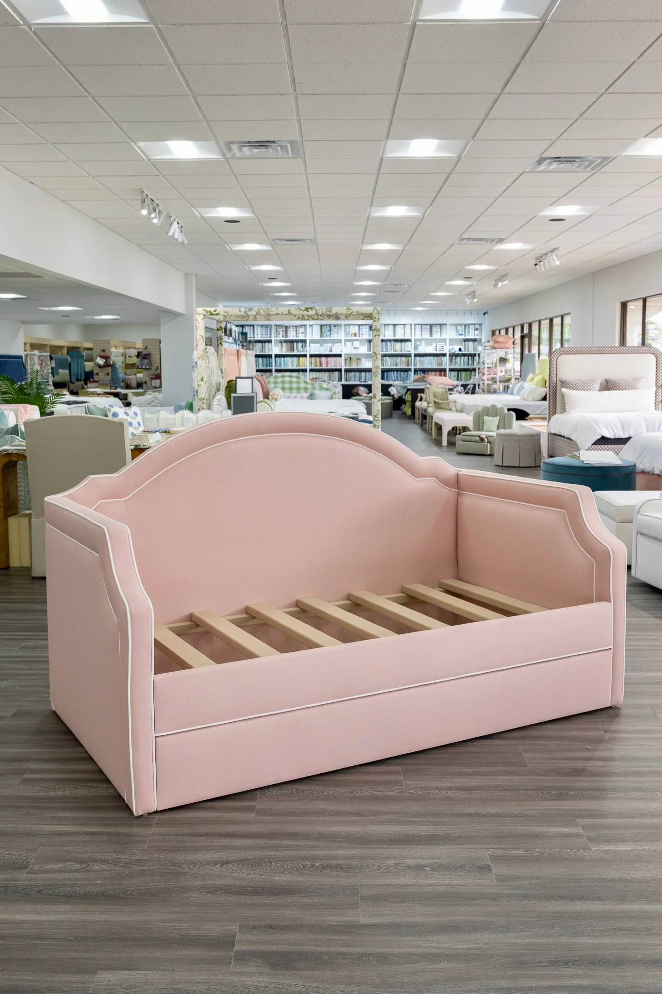 Twin Trundle Daybed - Pink Linen Fabric with White Trim - Image 5