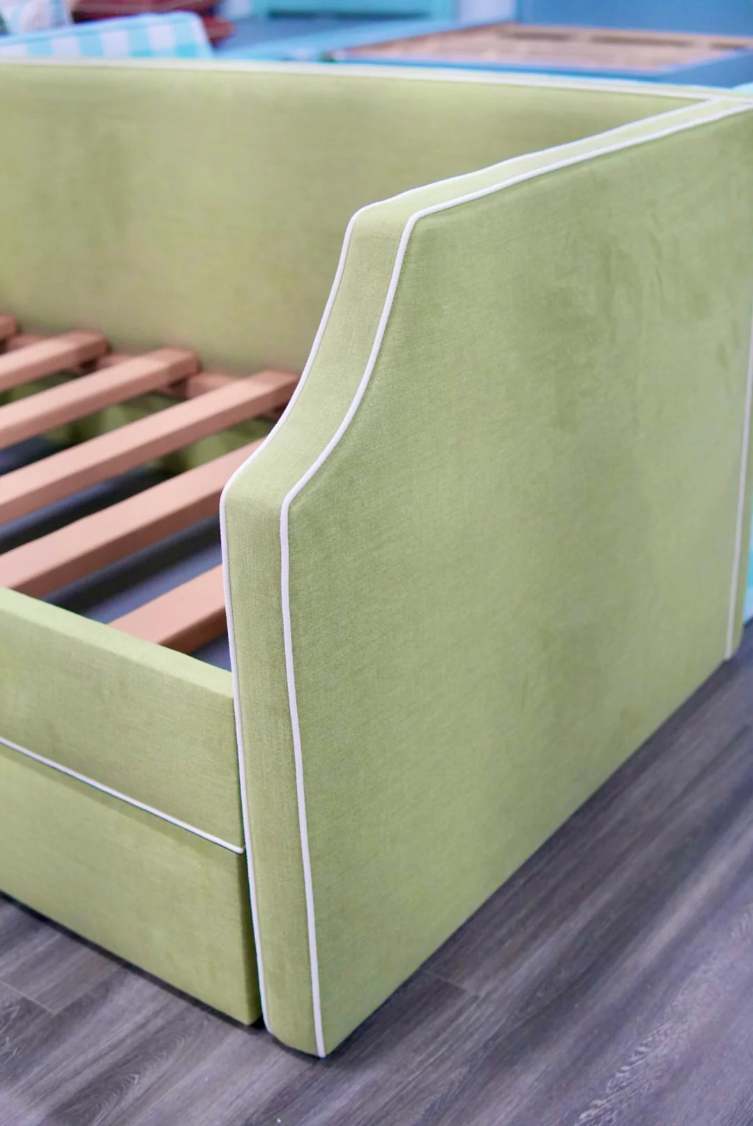 Twin Trundle Daybed - Pistachio Green Woven Fabric with White Trim - Image 5