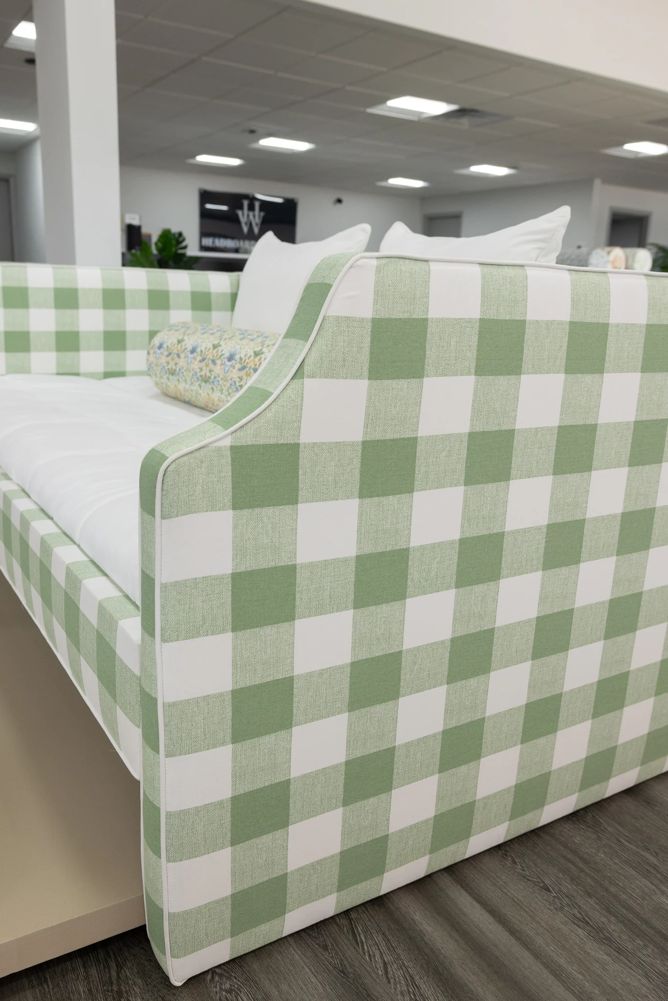 Twin Trundle Daybed - Sage Green Checkered Fabric with White Trim - Image 6