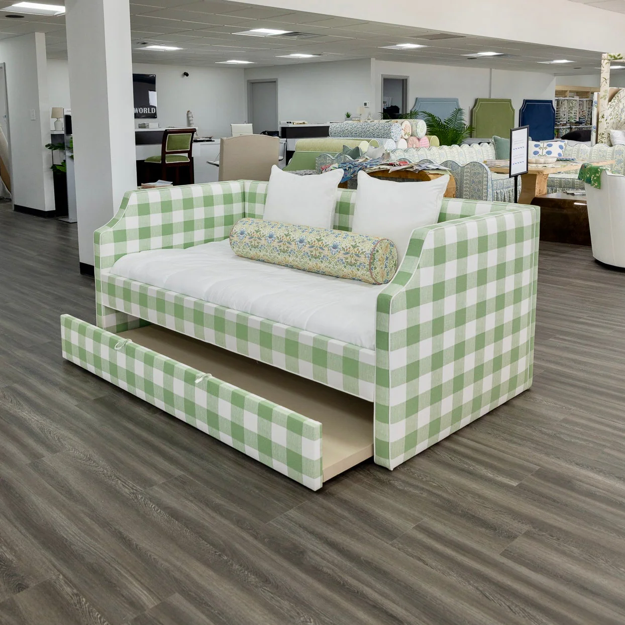 Twin Trundle Daybed - Sage Green Checkered Fabric with White Trim - Image 9