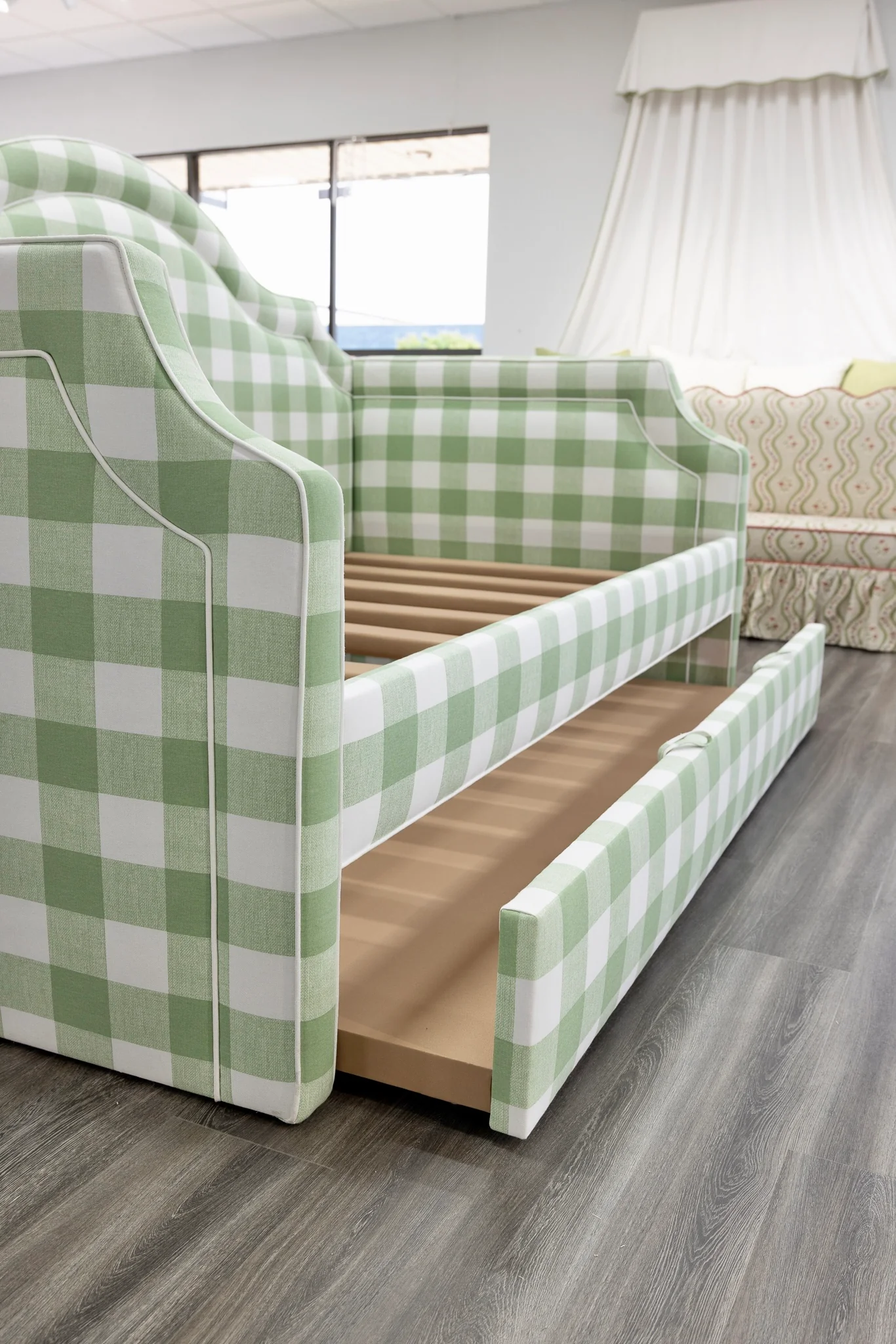 Twin Trundle Daybed - Sage Green Checkered Fabric with White Trim - Image 4