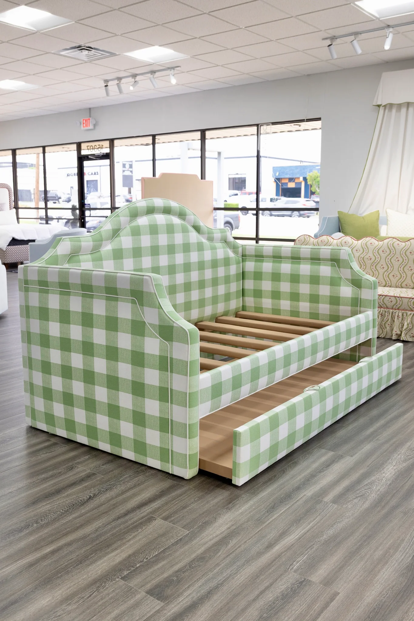 Twin Trundle Daybed - Sage Green Checkered Fabric with White Trim - Image 5