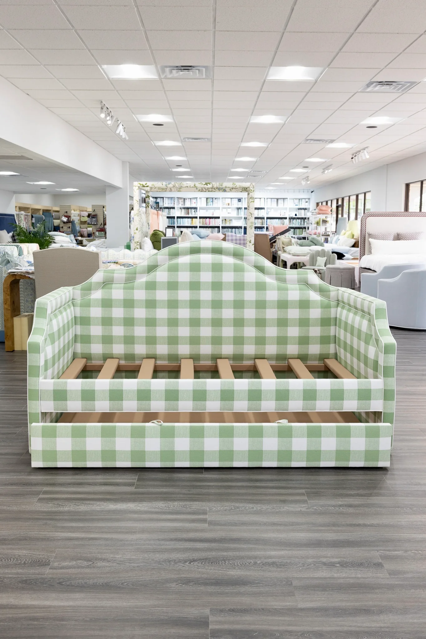 Twin Trundle Daybed - Sage Green Checkered Fabric with White Trim - Image 6