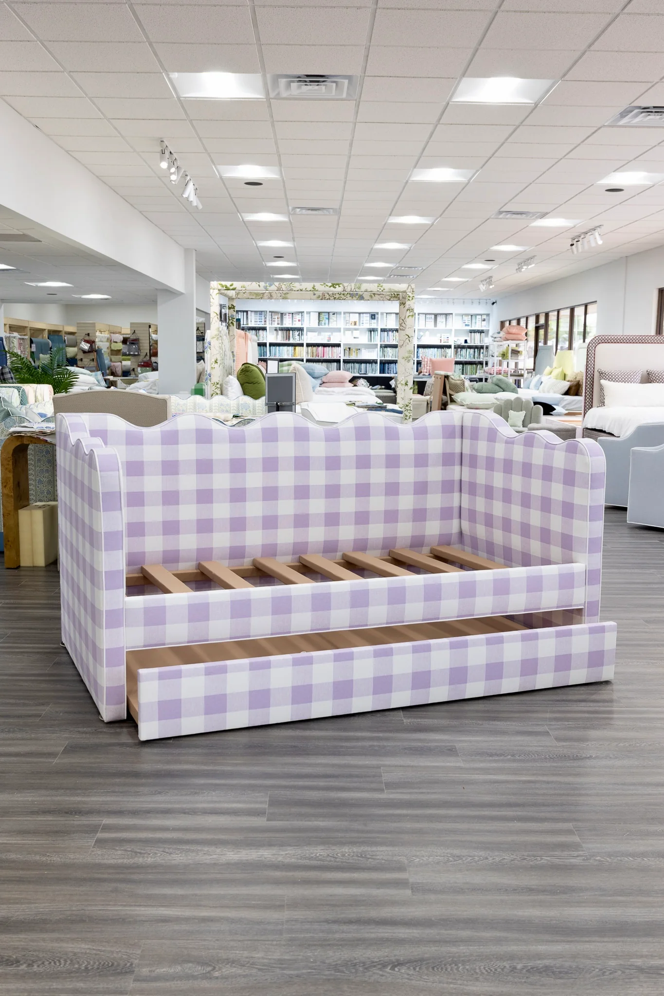 Twin Trundle Daybed - Scalloped - Buffalo Orchid Checkered Fabric with White Trim - Image 8