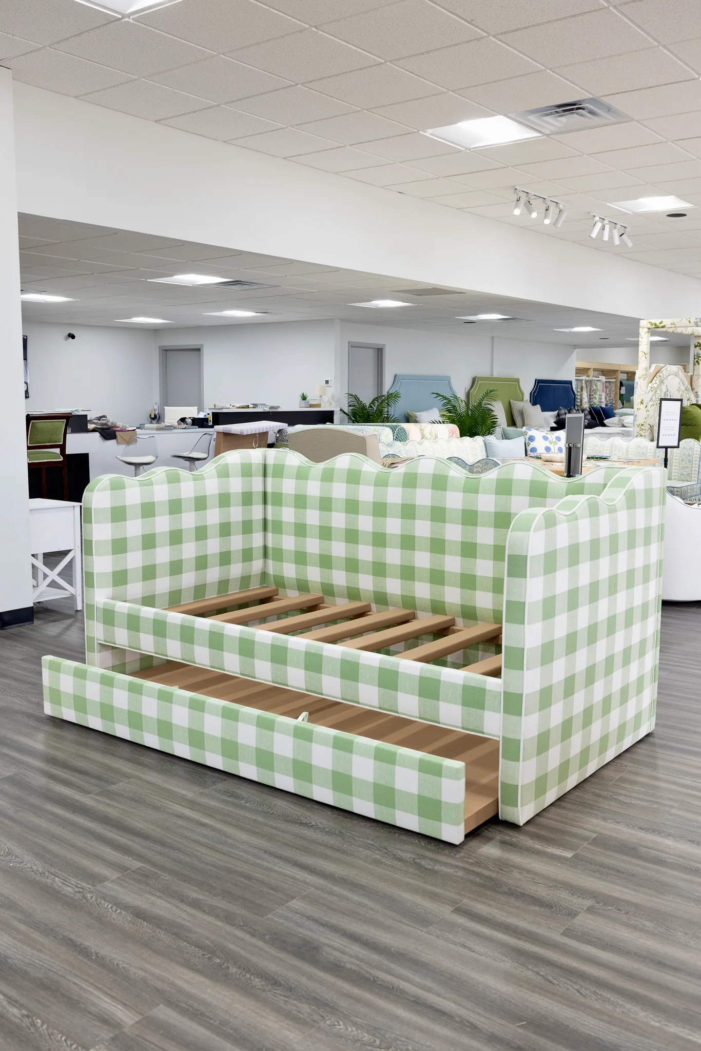 Twin Trundle Daybed - Scalloped - Buffalo Sage Green Checkered Fabric with White Trim - Image 4