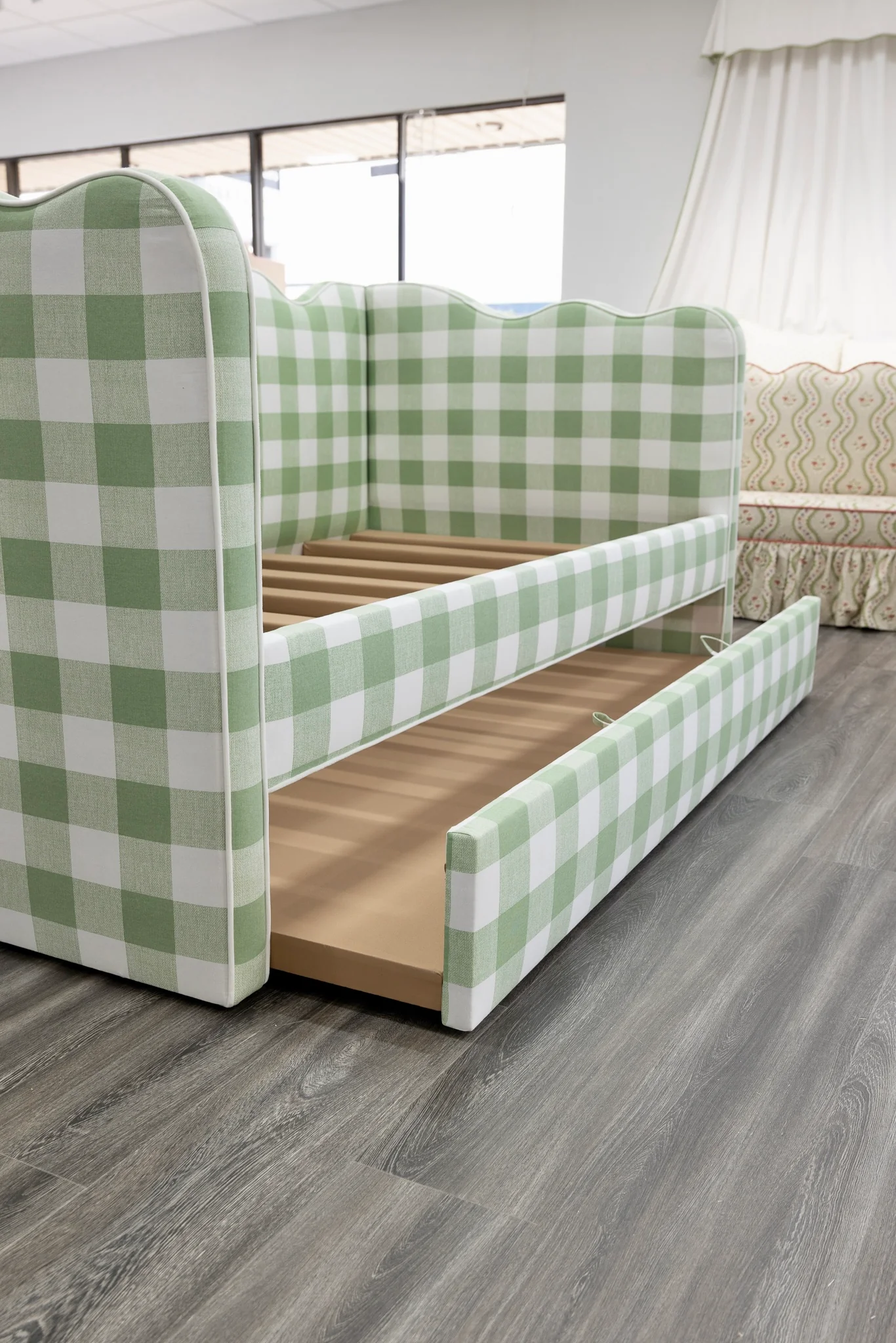 Twin Trundle Daybed - Scalloped - Buffalo Sage Green Checkered Fabric with White Trim - Image 5