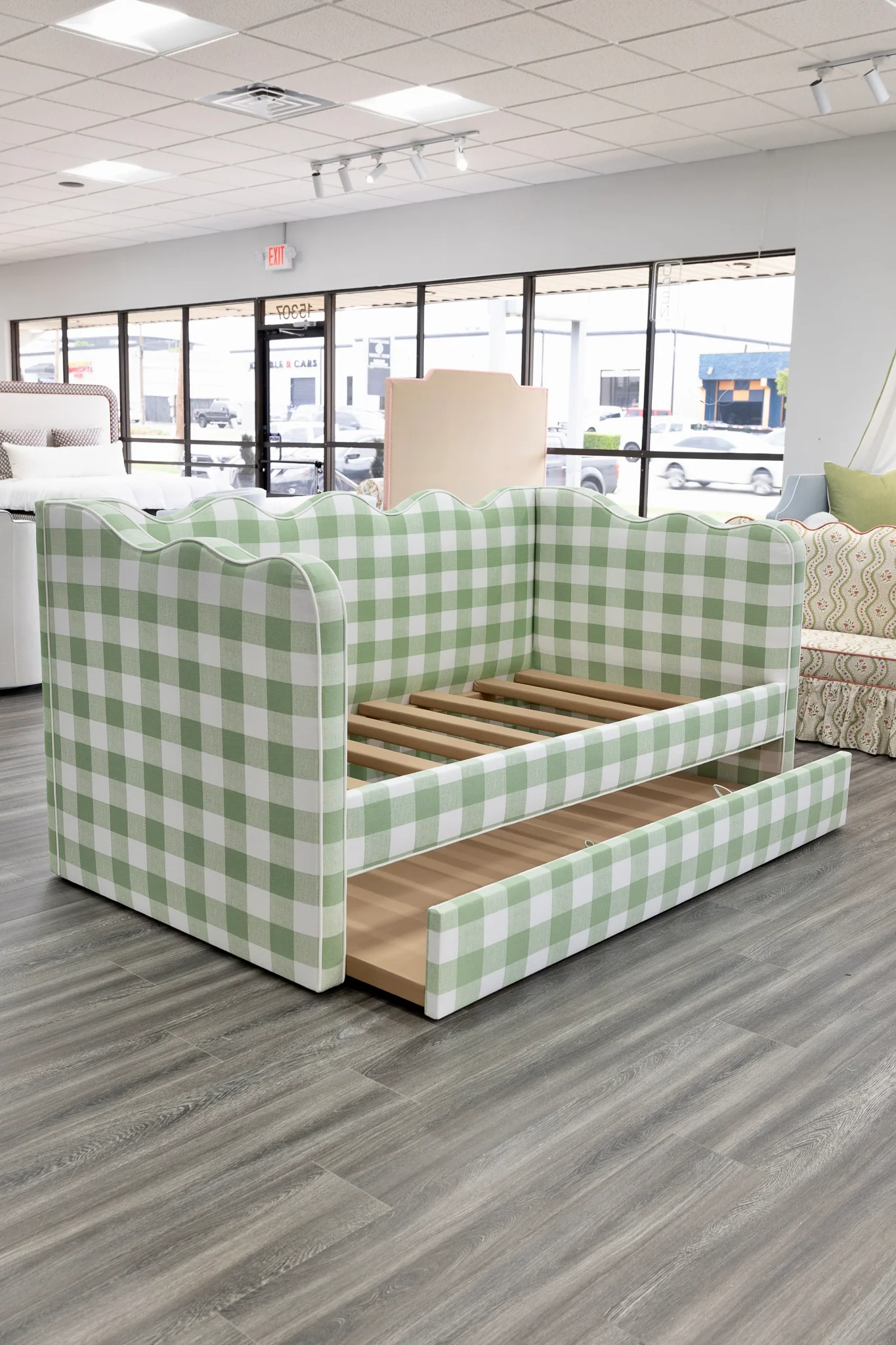 Twin Trundle Daybed - Scalloped - Buffalo Sage Green Checkered Fabric with White Trim - Image 6