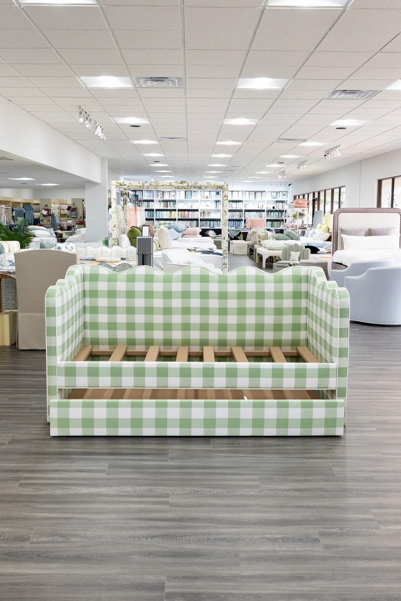Twin Trundle Daybed - Scalloped - Buffalo Sage Green Checkered Fabric with White Trim - Image 7