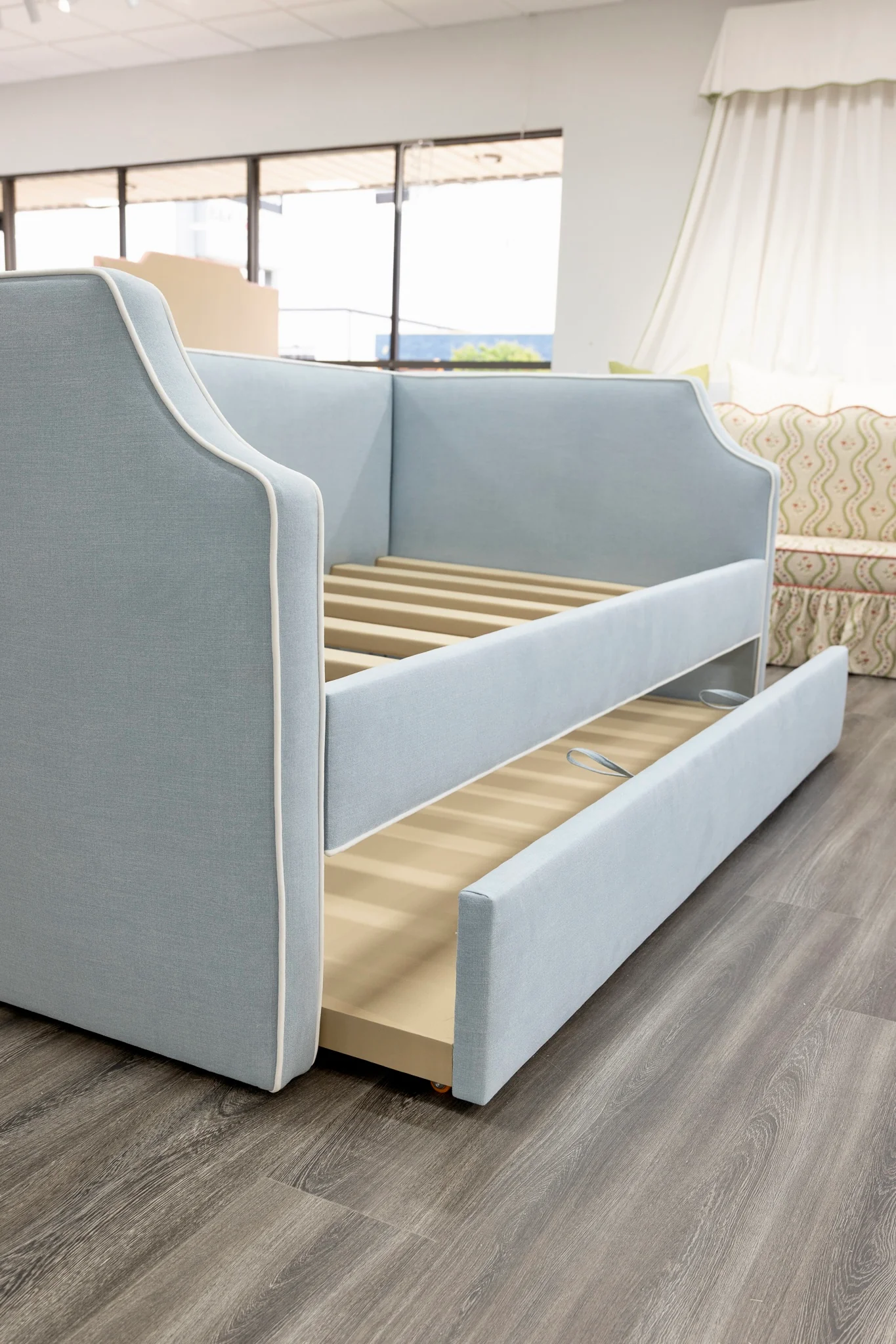 Twin Trundle Daybed - Sky Blue Woven Fabric with White Trim - Image 4
