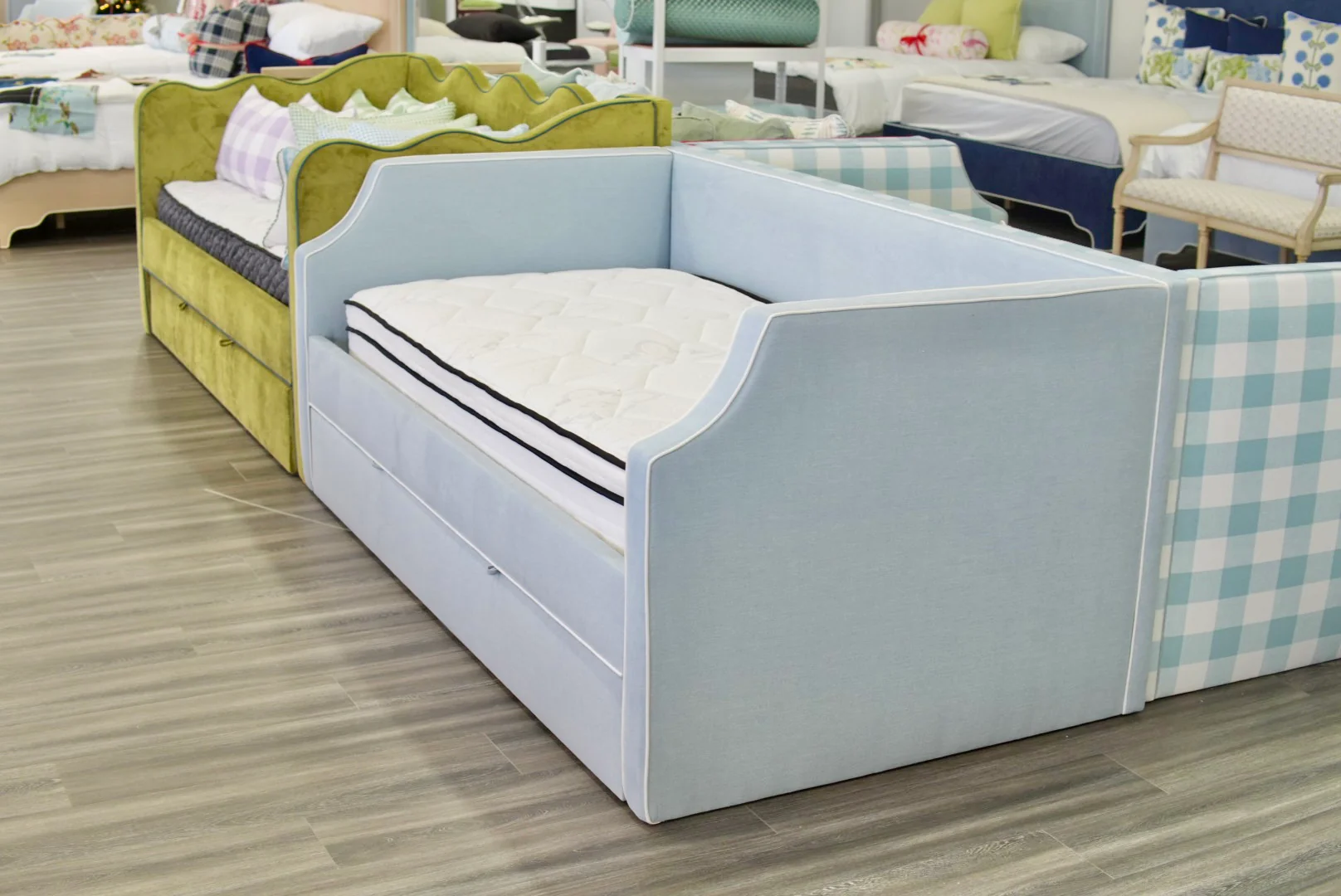 Twin Trundle Daybed - Sky Blue Woven Fabric with White Trim - Image 8