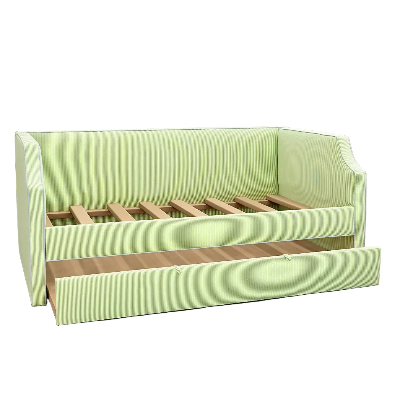 Twin Trundle Daybed - Striped Green Fabric - Sky Blue Trim