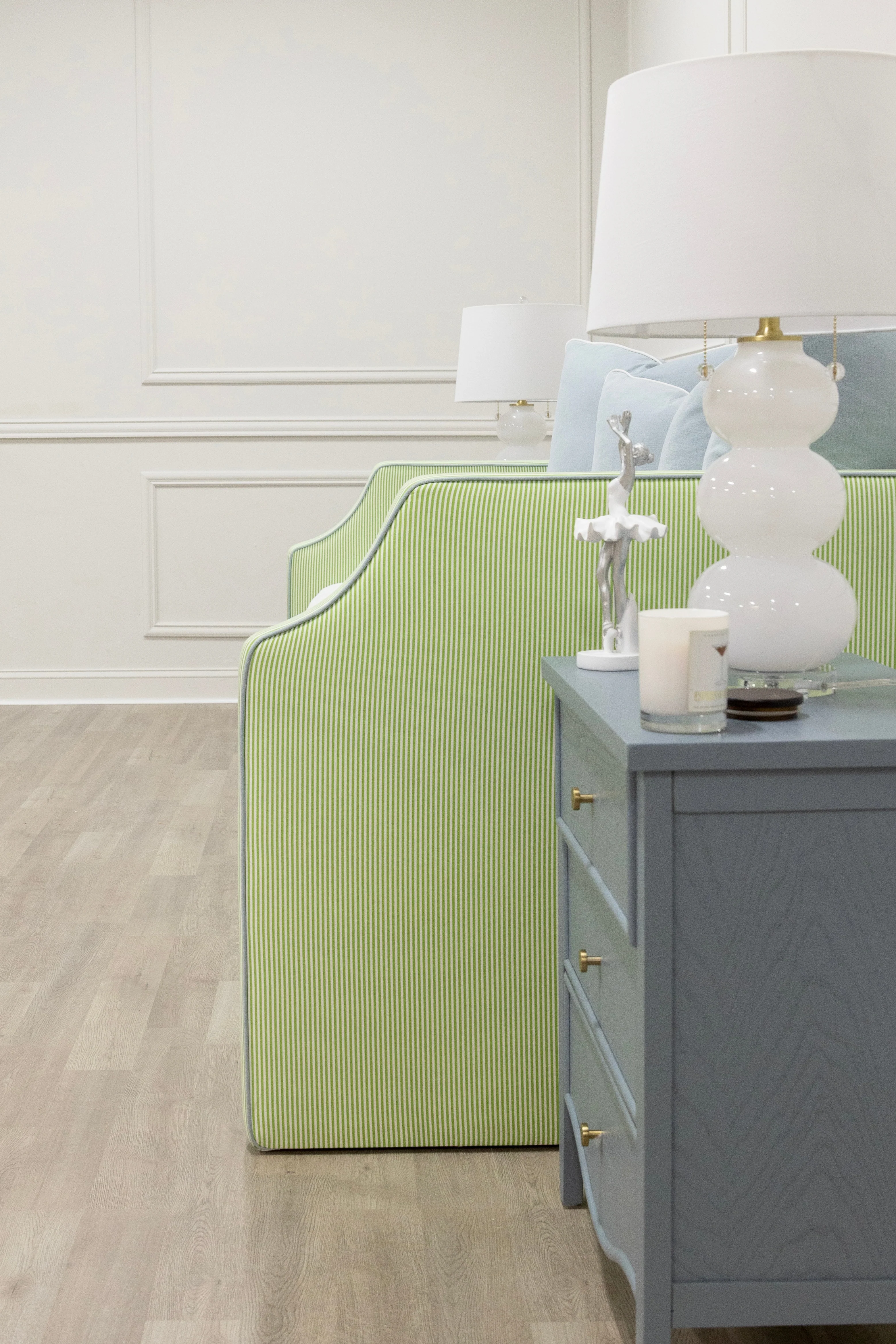 Twin Trundle Daybed - Striped Green Fabric - Sky Blue Trim - Image 2