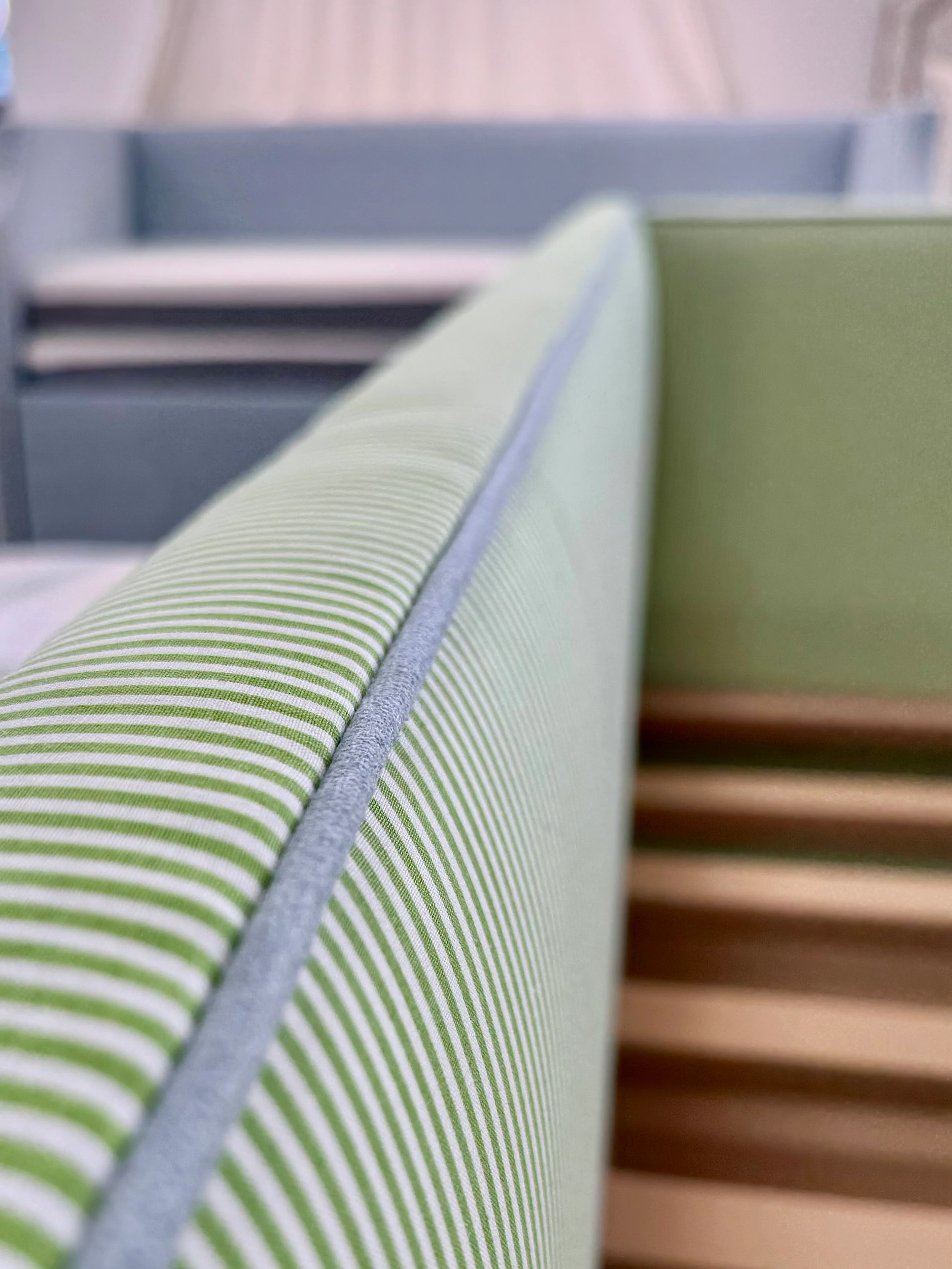Twin Trundle Daybed - Striped Green Fabric - Sky Blue Trim - Image 6