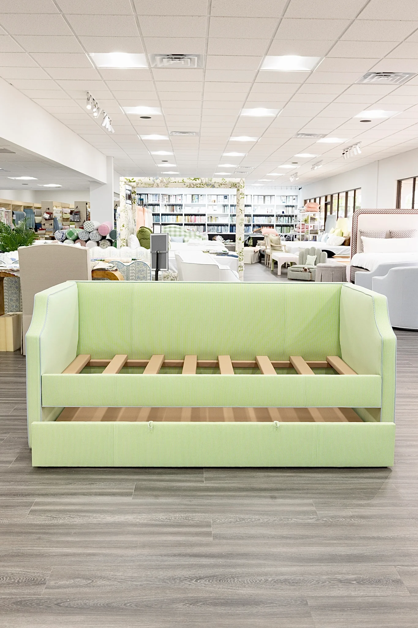 Twin Trundle Daybed - Striped Green Fabric - Sky Blue Trim - Image 7